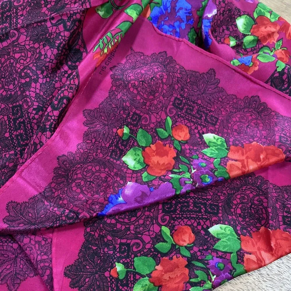 Vintage Liz Claiborne Designer Silk Scarf Lace Print Floral Design Gem Tones
